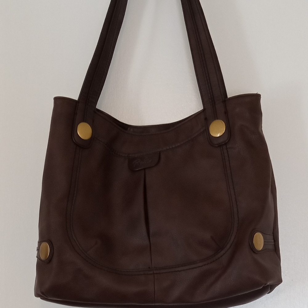 Brown and Gold Tote with Pleated Front and Structured Design